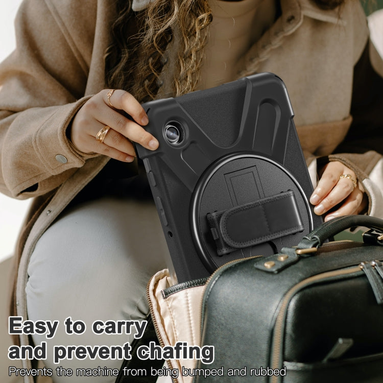 Samsung Galaxy Tab A9+ case featuring a rotary handle, pen slot, and shoulder strap for enhanced portability and protection.